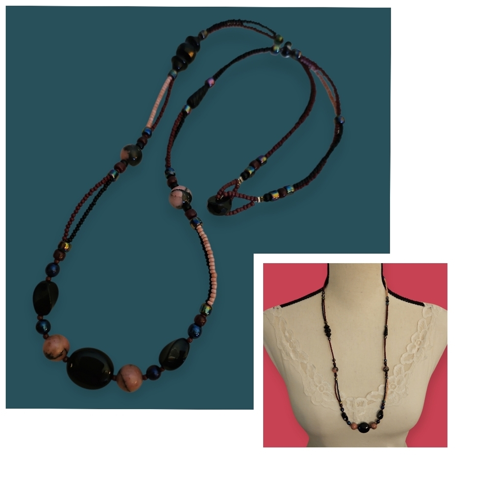 HANDMADE Black Purple and Pink Glass and Rhodonite Beaded Necklace